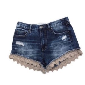 FREE PEOPLE Distress Crochet lace hem denim shorts